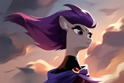 Size: 1920x1280 | Tagged: safe, ai content, derpibooru import, machine learning generated, pony, bust, dc comics, female, mare, ponified, portrait, prompter:cunningstuntda, raven (dc comics), sky, solo, species swap, teen titans