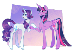 Size: 2000x1500 | Tagged: safe, artist:dawnsummers101, derpibooru import, rarity, twilight sparkle, twilight sparkle (alicorn), alicorn, pony, unicorn, blushing, concave belly, cutie mark, duo, female, females only, holding hooves, horn, long legs, mare, rarilight, shipping, signature, slender, thin, wings