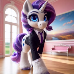 Size: 1024x1024 | Tagged: safe, ai content, machine learning generated, rarity, pony, unicorn, alternate hairstyle, bing, clothes, concave belly, female, fluffy, indoors, looking at you, mare, necktie, solo, suit, unshorn fetlocks