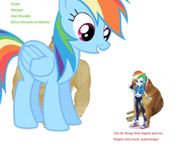 Size: 640x597 | Tagged: safe, artist:revolutionarygrape11, derpibooru import, rainbow dash, dog, human, pegasus, pony, equestria girls, g4, clothes, doge, dream, duo, duo female, female, giant pony, looking at someone, macro, self paradox, self ponidox, simple background, size difference, smiling, swole doge vs cheems, tiny human, transparent background