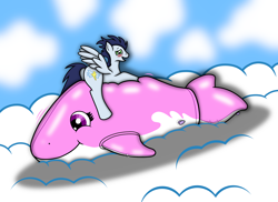 Size: 5256x3816 | Tagged: safe, artist:th3ph0b1ap0n3, derpibooru import, soarin', g4, blushing, butt, cloud, fetish, inflatable, inflatable fetish, plot, pool toy, riding, sfw version, spread wings, wingboner, wings