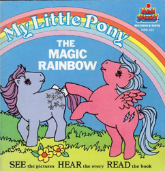 Size: 495x512 | Tagged: safe, derpibooru import, firefly, earth pony, pegasus, pony, g1, book, book cover, bow, cover, duo, duo female, female, flower, mare, official, rainbow, tail, tail bow, the magic rainbow