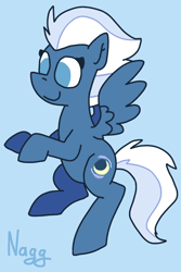 Size: 602x900 | Tagged: safe, artist:naggfruit, derpibooru import, night glider, pegasus, pony, g4, blue background, cute, female, flying, glideabetes, mare, simple background, solo, spread wings, wings