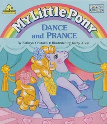 Size: 318x369 | Tagged: safe, artist:kathy allert, derpibooru import, earth pony, pony, blushing, book, book cover, cover, dance and prance, female, flower, flower in hair, official, solo, stage