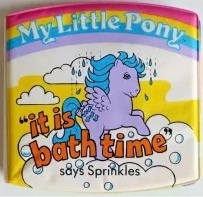 Size: 203x197 | Tagged: safe, derpibooru import, sprinkles (g1), pegasus, pony, g1, "it is bath time" says sprinkles, bath book, book, book cover, bow, cloud, cover, female, mare, official, rain, solo, tail, tail bow