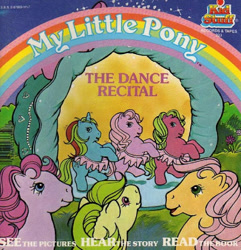 Size: 493x512 | Tagged: safe, derpibooru import, cotton candy (g1), heart throb, posey, ribbon (g1), earth pony, pegasus, pony, unicorn, g1, book, book cover, clothes, cover, female, horn, mare, official, stage, the dance recital, tutu