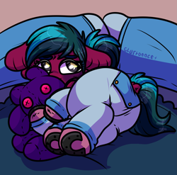 Size: 1833x1809 | Tagged: safe, alternate version, artist:sexygoatgod, derpibooru import, oc, oc only, oc:kibble baggie, hybrid, original species, pony, butt, butt flap, clothes, cusige, foal, horseshoes, intersex, pajamas, plot, plushie, pouting, rear view, solo, underhoof