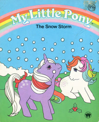 Size: 672x828 | Tagged: safe, derpibooru import, earth pony, pony, unicorn, g1, book, book cover, bow, cover, duo, duo female, female, holly, horn, official, snow, snowfall, tail, tail bow, the snow storm