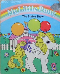 Size: 400x493 | Tagged: safe, derpibooru import, surprise, pegasus, pony, g1, balloon, book, book cover, bow, cover, female, flower, mare, official, solo, stable, tail, tail bow, the stable show