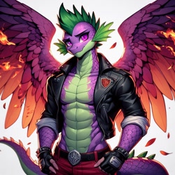 Size: 1024x1024 | Tagged: safe, ai content, derpibooru import, machine learning generated, spike, oc, anthro, g4, clothes, feathered wings, fingerless gloves, fusion, gloves, jacket, leather, leather jacket, male, open clothes, open jacket, solo, wings