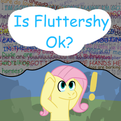 Size: 2000x2000 | Tagged: safe, artist:zoeyhorse, derpibooru import, fluttershy, pegasus, pony, g4, bust, crying, exclamation point, female, holding head, implied rainbow dash, mare, mind reading, solo, thought bubble