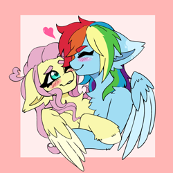 Size: 2048x2048 | Tagged: safe, artist:kittygutzzart, derpibooru import, fluttershy, rainbow dash, pegasus, pony, g4, blush lines, blushing, bust, chest fluff, colored wings, cuddling, duo, duo female, ear fluff, ears, eyebrows, eyebrows visible through hair, eyes closed, female, floppy ears, flutterdash, heart, high res, hoof fluff, hug, human shoulders, lesbian, mare, passepartout, pink background, shipping, simple background, two toned wings, unshorn fetlocks, wings