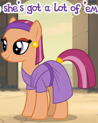 Size: 526x662 | Tagged: safe, derpibooru import, aroma hathor, earth pony, pony, g4, background pony, clothes, cropped, dress, ear piercing, earring, english, female, gameloft, jewelry, mare, meme, piercing, solo, somnambula resident, text, wow! glimmer