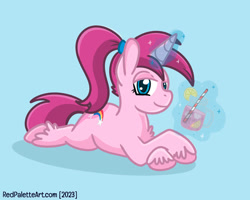 Size: 828x663 | Tagged: safe, artist:redpalette, derpibooru import, oc, oc only, oc:pink sparkle, pony, unicorn, blue background, cute, drink, female, horn, juice, lemonade, lying down, magic, mare, pink, ponytail, prone, simple background, solo, summer, telekinesis, unicorn oc, unshorn fetlocks