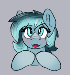 Size: 733x788 | Tagged: safe, artist:reddthebat, derpibooru import, oc, oc only, oc:alaska (reddthebat), pegasus, pony, blushing, bust, female, gray background, mare, open mouth, open smile, simple background, smiling, solo