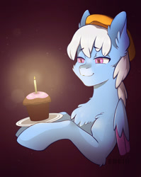 Size: 1520x1910 | Tagged: safe, artist:erein, derpibooru import, oc, oc only, oc:erein rorien, pegasus, pony, beret, blue fur, cake, candle, cheek fluff, chest fluff, clothes, colored wings, cute, ears up, food, happy, happy birthday, hat, male, pegasus oc, plate, simple background, smiling, solo, wings