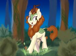 Size: 2700x2000 | Tagged: safe, artist:kenzie, derpibooru import, autumn blaze, kirin, g4, autumn blaze's puppet, bush, cloven hooves, female, forest background, happy, hock fluff, looking at you, mare, open mouth, smiling, solo, stick, tree, vine, walking