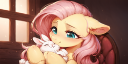 Size: 2400x1200 | Tagged: safe, ai content, derpibooru import, machine learning generated, fluttershy, pegasus, pony, rabbit, g4, animal, cute, ear fluff, ears, floppy ears, happy, hooves, hug, prompter:greesys, shyabetes, smiling, solo, window