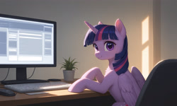 Size: 3200x1920 | Tagged: safe, ai content, derpibooru import, editor:derp621, machine learning generated, twilight sparkle, twilight sparkle (alicorn), alicorn, pony, g4, chair, computer mouse, desk, female, flower pot, generator:tponynai3, head turn, keyboard, looking at you, mare, monitor, office chair, plant, prompt in description, prompter:derp621, siting, smiling, smiling at you, solo, table