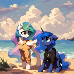 Size: 2048x2048 | Tagged: safe, ai content, derpibooru import, generator:pony diffusion v6 xl, generator:stable diffusion, machine learning generated, princess celestia, princess luna, alicorn, pony, g4, beach, clothes, cloud, day, duo, duo female, ear fluff, ears, female, folded wings, head turn, hoodie, horn, looking at someone, mare, ocean, one ear down, prompter:liladash, royal sisters, siblings, sisters, sitting, smiling, standing, water, wings