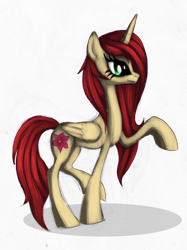 Size: 1004x1344 | Tagged: safe, artist:grinu, derpibooru import, oc, oc only, alicorn, pony, 2013, alicorn oc, female, horn, mare, raised hoof, raised leg, red mane, solo, tan coat, wings