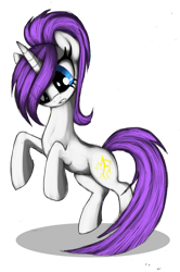 Size: 863x1297 | Tagged: safe, artist:grinu, derpibooru import, oc, oc only, pony, unicorn, 2013, blue eyes, female, horn, mare, purple mane, purple tail, rearing, simple background, solo, tail, transparent background, unicorn oc, white coat