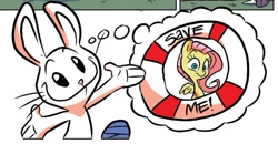 Size: 963x501 | Tagged: safe, artist:jay fosgitt, derpibooru import, idw, angel bunny, fluttershy, pegasus, pony, rabbit, g4, spoiler:comic, spoiler:comic54, animal, life preserver, official comic, smiling