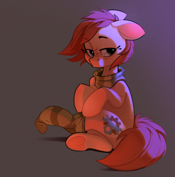 Size: 1774x1796 | Tagged: safe, artist:rexyseven, derpibooru import, oc, oc only, oc:rusty gears, earth pony, pony, clothes, female, gradient background, mare, scarf, sock, socks, solo, striped scarf, striped socks