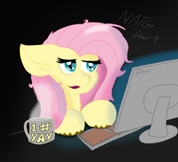 Size: 1822x1652 | Tagged: safe, derpibooru import, fluttershy, pegasus, pony, g4, atg 2024, blue light, coffee, computer, lidded eyes, newbie artist training grounds, screen, solo, steam, tired