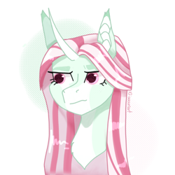 Size: 3000x3000 | Tagged: safe, artist:aasuri-art, derpibooru import, oc, oc only, pony, unicorn, bust, curved horn, high res, horn, light skin, pastel colors, pink eyes, pink hair, pink mane, portrait, simple background, solo, white background