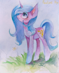Size: 2764x3427 | Tagged: safe, artist:unclechai, derpibooru import, idw, radiant hope, crystal pony, unicorn, g4, blue eyes, blue eyeshadow, blue mane, eyeshadow, female, horn, looking at something, makeup, solo, standing, traditional art, watercolor painting
