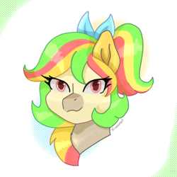 Size: 3000x3000 | Tagged: safe, artist:aasuri-art, derpibooru import, earth pony, pony, bang, bust, colored, colorful, high res, light skin, pink eyes, ponytail, portrait, simple background, solo, white background