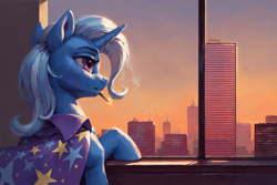 Size: 2304x1536 | Tagged: safe, ai content, derpibooru import, generator:pony diffusion v6 xl, generator:stable diffusion, machine learning generated, trixie, pony, unicorn, g4, cape, city, cityscape, clothes, detailed background, gradient background, horn, leaning, looking at something, orange sky, prompter:foxpony, skyline, skyscraper, smoking, solo, sunset, trixie's cape, watermark, window, windowsill