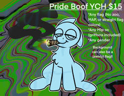 Size: 1348x1048 | Tagged: safe, artist:bluemoon, derpibooru import, oc, pony, advertisement, blunt, commission, commission info, drugs, lidded eyes, marijuana, pride, pride month, pride ych, sitting, smoke, smoke weed everyday, smoking, solo, trippy, ych example, your character here