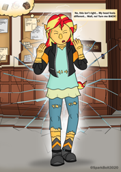 Size: 1614x2283 | Tagged: safe, artist:sparkbolt3020, derpibooru import, part of a set, sunset shimmer, human, pony, unicorn, equestria girls, g4, backpack, book, clothes, eyes closed, female, horn, horn loss, mid-transformation, open mouth, pony to human, reality shift, solo, species swap, speech bubble, thought bubble, transformation, transforming clothes