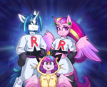 Size: 2598x2123 | Tagged: safe, artist:buvanybu, derpibooru import, princess cadance, princess flurry heart, shining armor, alicorn, semi-anthro, unicorn, g4, alternate hairstyle, clothes, cosplay, costume, family, father and child, father and daughter, female, filly, foal, grin, high res, horn, james, jessie, kigurumi, looking at you, male, mare, meowth, mother and child, mother and daughter, open mouth, open smile, parent and child, pokémon, smiling, smiling at you, stallion, team rocket, trio