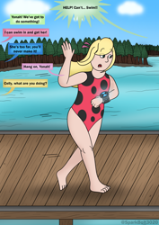 Size: 1614x2283 | Tagged: safe, artist:sparkbolt3020, derpibooru import, part of a set, ocellus, human, g4, ben 10, clothes, cloud, female, human coloration, humanized, implied gallus, implied sandbar, implied silverstream, implied smolder, implied yona, lake, natural hair color, offscreen character, omnitrix, open mouth, pier, pre-transformation, sky, solo, speech bubble, swimsuit, transformation, tree, water