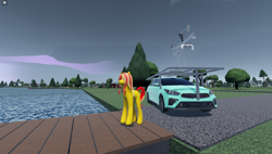 Size: 1858x1057 | Tagged: safe, derpibooru import, sunset shimmer, pony, unicorn, g4, 3d, car, female, game screencap, horn, lake, pier, roblox, solo, tree, twisted (game), vehicle, water
