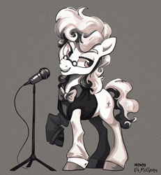 Size: 2312x2500 | Tagged: safe, artist:askometa, derpibooru import, svengallop, earth pony, pony, g4, bowtie, curly hair, curly mane, curly tail, glasses, microphone, monochrome, new outfit, singing, solo, tail