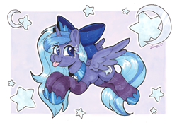 Size: 4104x2904 | Tagged: safe, artist:dandy, derpibooru import, oc, oc only, oc:lulu star moonie, alicorn, pony, :p, alicorn oc, bow, clothes, copic, cute, female, filly, flying, foal, horn, jewelry, looking at you, marker drawing, not luna, regalia, socks, solo, stars, striped socks, tongue, tongue out, traditional art, wings