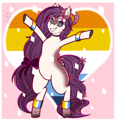 Size: 1200x1250 | Tagged: safe, artist:queenkittyok, derpibooru import, oc, oc only, oc:anthea, earth pony, pony, aroace pride flag, bipedal, commission, female, heart, heart background, mare, photo, pride, pride flag, pride month, solo, ych result, your character here