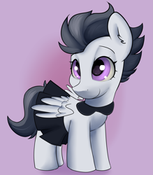 Size: 2579x2944 | Tagged: safe, artist:dumbwoofer, derpibooru import, rumble, pegasus, pony, g4, clothes, collar, colt, crossdressing, cute, dress, ear fluff, ears, femboy, femboy rumble, foal, gradient background, maid, male, smiling, solo, spread wings, waist wings, wings