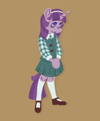 Size: 1043x1261 | Tagged: safe, artist:partyponypower, derpibooru import, starlight glimmer, anthro, plantigrade anthro, pony, unicorn, g4, alternate universe, bangs, brown background, clothes, eyebrows, eyebrows visible through hair, eyelashes, female, filly, filly starlight glimmer, foal, hands together, headband, horn, kneesocks, lidded eyes, lineless, long socks, mary janes, no catchlights, pleated skirt, purple eyes, purple mane, purple tail, school uniform, shoes, simple background, skirt, socks, solo, standing, straight mane, straight tail, tail, two toned mane, two toned tail, unicorn horn, vest, younger