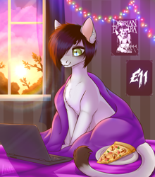 Size: 2392x2713 | Tagged: safe, alternate version, artist:lina, derpibooru import, oc, oc only, cat, cat pony, original species, background, bed, bedroom, blanket, cloud, computer, food, garland, laptop computer, piercing, pizza, poster, room, sitting, sun, sunset, window