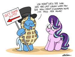 Size: 2253x1728 | Tagged: safe, artist:bobthedalek, derpibooru import, starlight glimmer, trixie, pony, unicorn, g4, atg 2024, bipedal, clothes, costume, cute, duo, female, hat, hoof hold, horn, mare, mascot, newbie artist training grounds, peanut costume, scrunchy face, sign, simple background, stifling laughter, top hat, white background