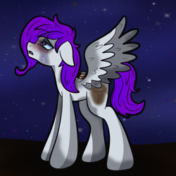 Size: 1280x1280 | Tagged: safe, artist:doodle-hooves, derpibooru import, oc, oc only, oc:morning glory (project horizons), pegasus, pony, fallout equestria, fallout equestria: project horizons, g4, amputee, bandage, colored wings, crying, dashite, dashite brand, fanfic art, female, injured, looking up, mare, messy mane, missing limb, missing wing, night, one winged pegasus, pegasus oc, sad, shipping, signature, solo, stars, stump, two toned wings, wings