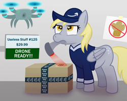 Size: 3200x2560 | Tagged: safe, artist:sweetielover, derpibooru import, derpy hooves, pegasus, pony, g4, angry, atg 2024, box, clothes, delivery pony, drone, female, food, hat, high res, muffin, newbie artist training grounds, package, scanner, screen, sign, solo, uniform