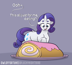 Size: 4400x4000 | Tagged: safe, artist:owloffortune, derpibooru import, rarity, pony, unicorn, cake, chubby, dialogue, food, horn, licking, licking lips, solo, this will end in weight gain, tongue, tongue out