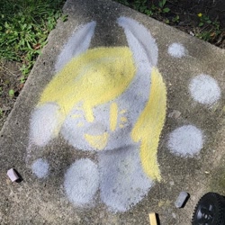 Size: 1440x1440 | Tagged: safe, artist:comicmaker, derpibooru import, derpy hooves, pegasus, pony, g4, chalk, chalk art, chalk drawing, dot eyes, female, irl, mare, open mouth, open smile, photo, smiling, solo, traditional art