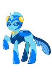 Size: 874x1240 | Tagged: safe, artist:rockmangurlx, derpibooru import, changedling, changeling, pony, blue changeling, changedlingified, helmet, male, mega man, mega man (series), ponified, raised hoof, raised leg, simple background, solo, species swap, white background